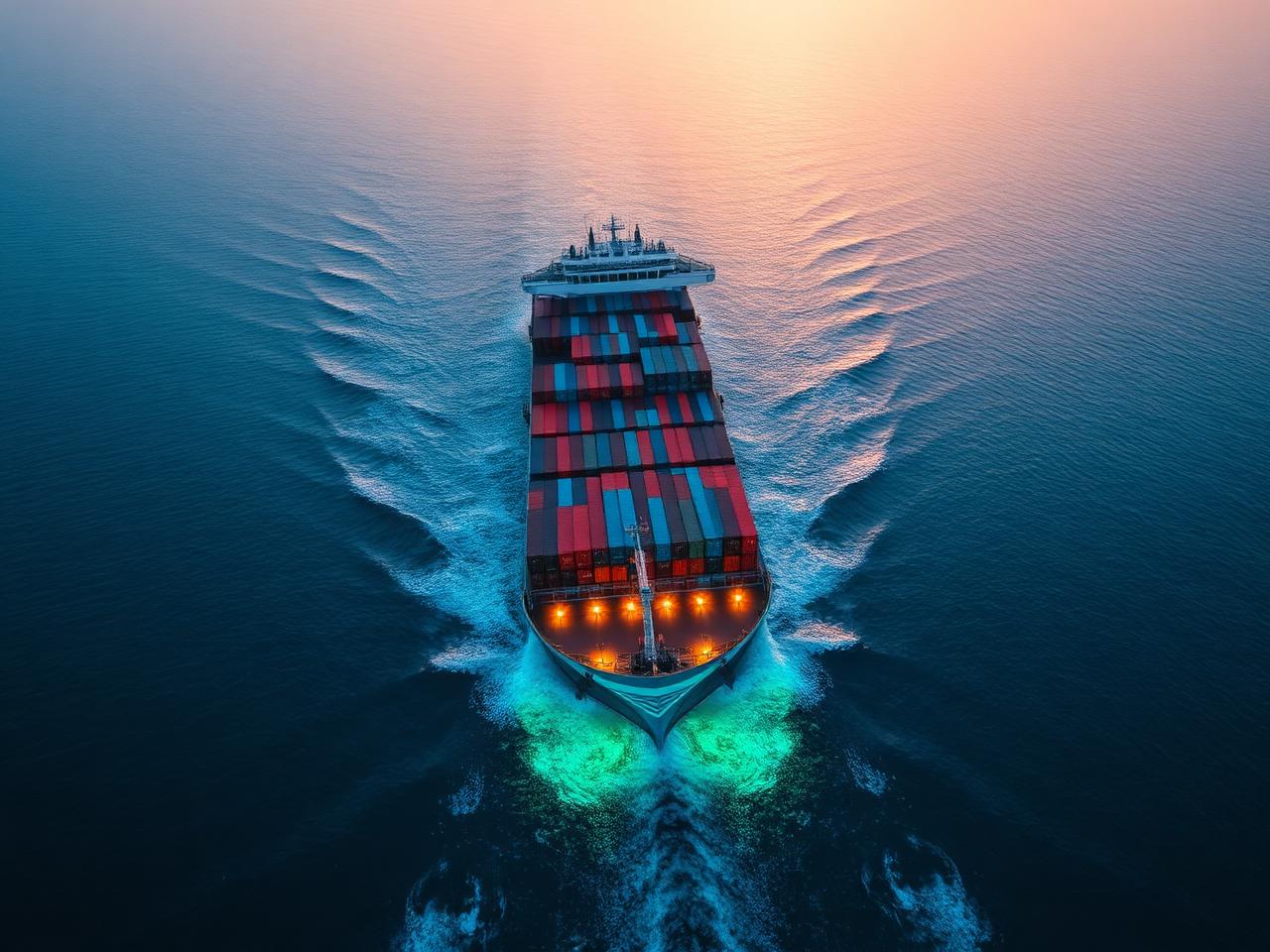 Container ship transporting cargo across the ocean